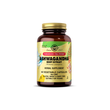 A bottle of Solgar Ashwagandha 400 mg 60 caps with vitamin c.